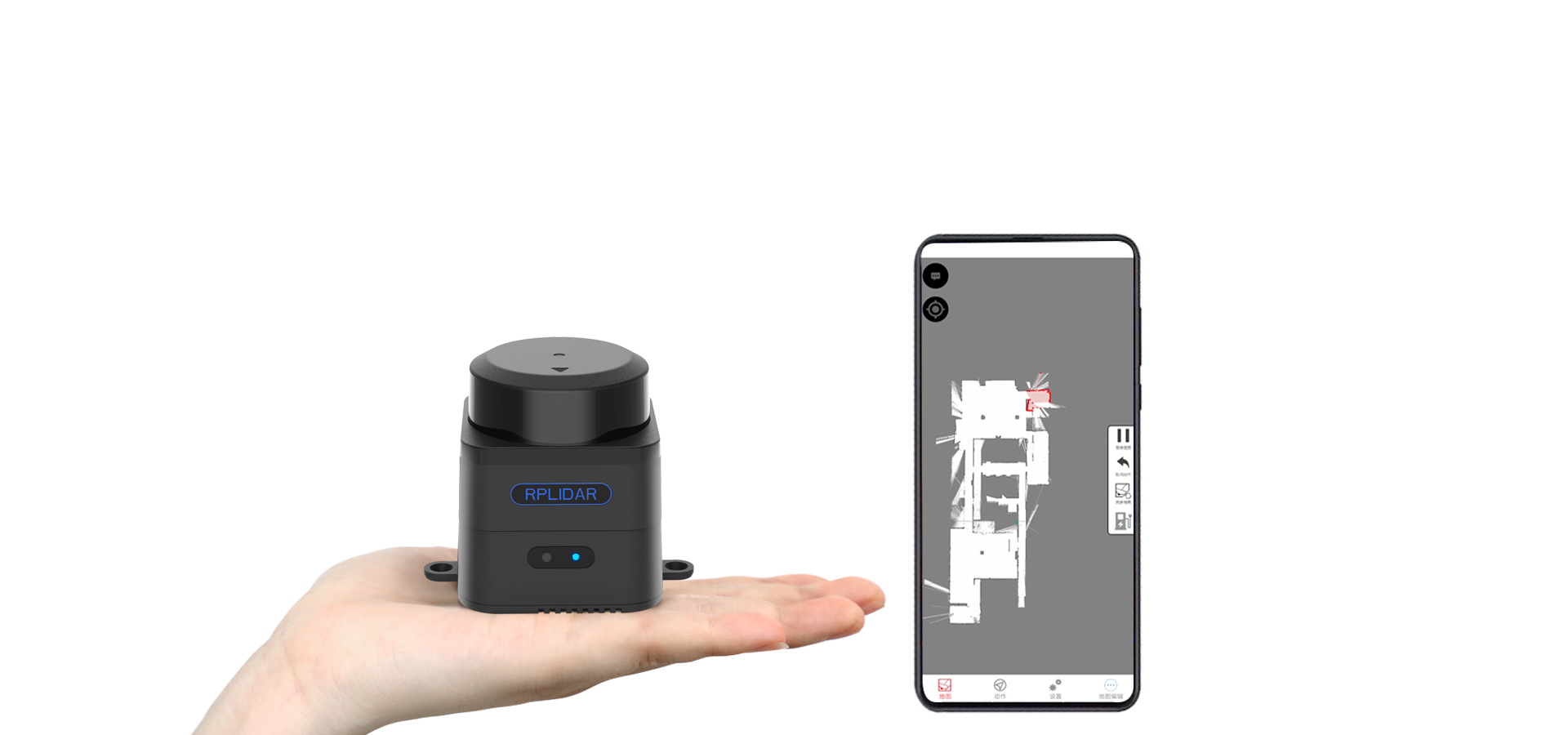 Slamtec Mapper，一个集地图构建和实时定位为一体的全新激光雷达品类， <br />其中包含了思岚第三代高性能SLAM引擎和激光雷达，无需任何外部依赖，上电即用。 <br />适用于机器人导航定位、环境测绘、手持测量等多个领域。